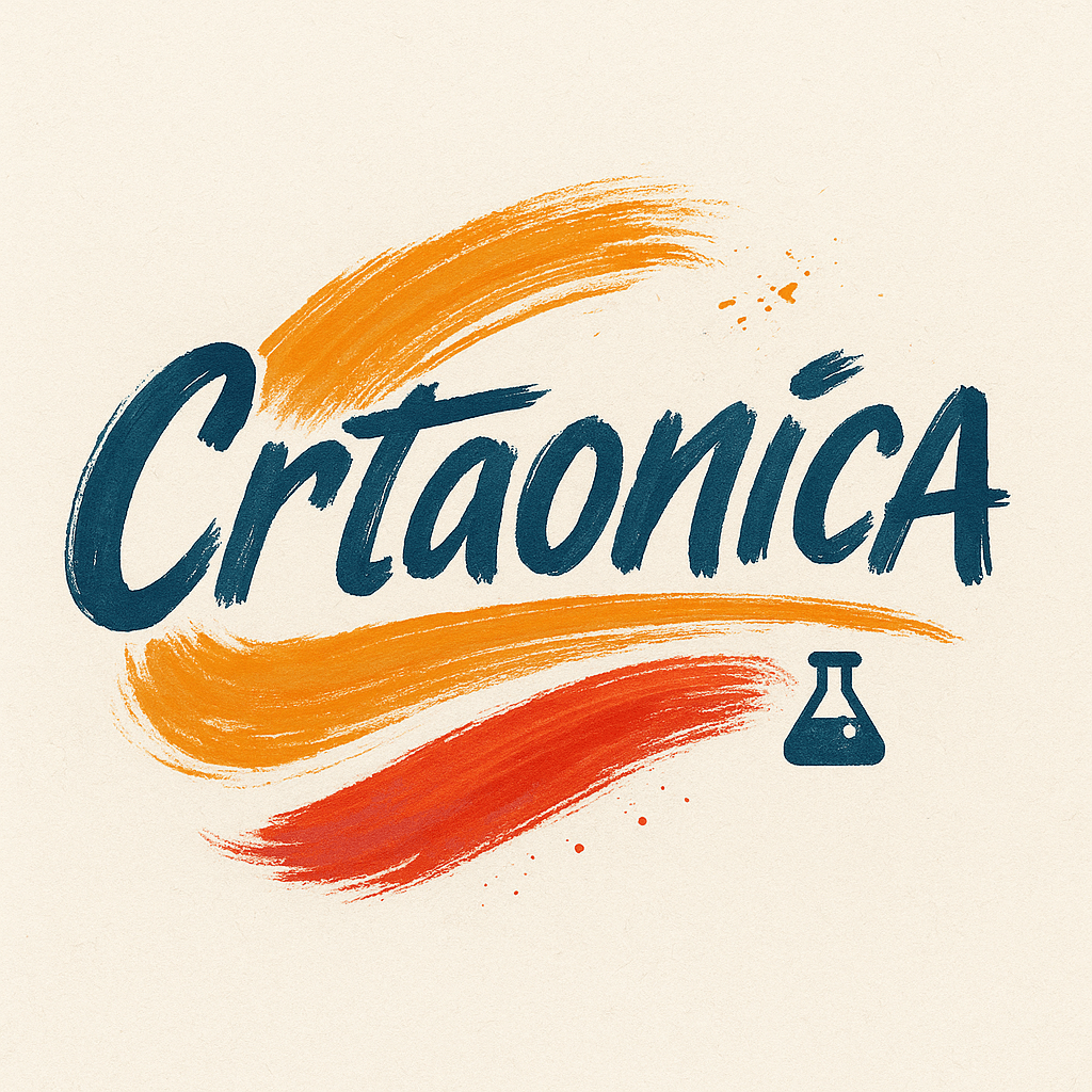 The image features the stylized text 'Crtaonica' with vibrant orange and blue brush strokes, accompanied by a small laboratory flask icon, all set against a cream background.
